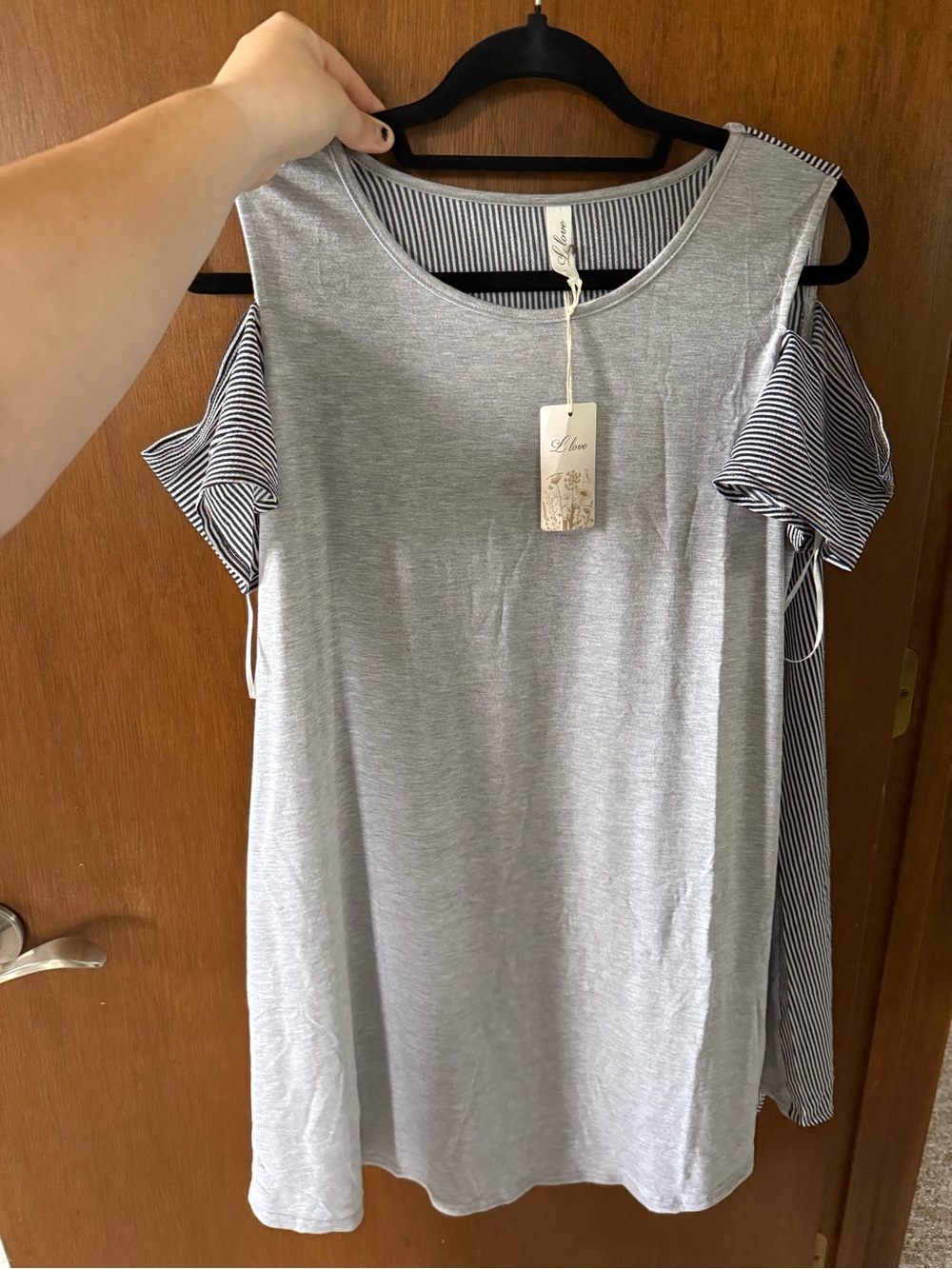 Women’s Gray Cold-Shoulder Tunic with Striped Sleeve Detail